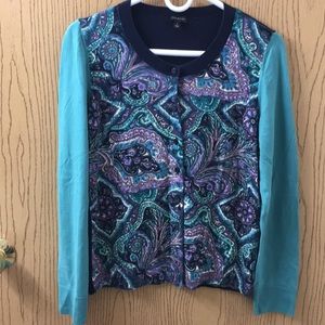 Talbots Jade Navy Purple Paisley Cardigan Large